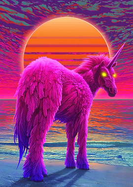 Pink Feathered Unicorn on Beach