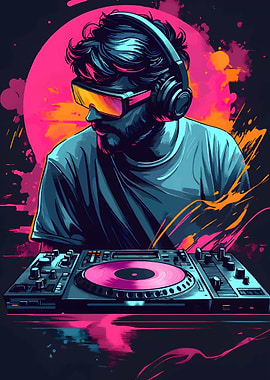 DJ with Headphones and Turntable