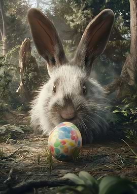 Easter Bunny with Painted Egg in Forest