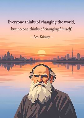Leo Tolstoy quote with cityscape sunset