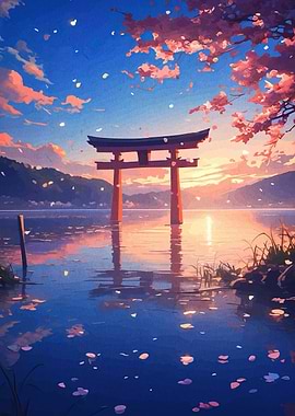 Torii Gate at Sunset with Cherry Blossoms