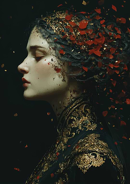 Woman with Red Petals and Gold Embellishments