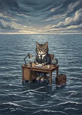 Funny Work Humor Wall Art, Cat in Suit Poster, Sinking at Work Print, Relatable Office Decor