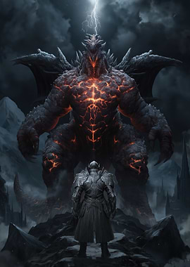 Knight Faces a Colossal Lava Dragon