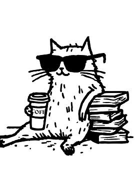 Cool Cat with Coffee and Books