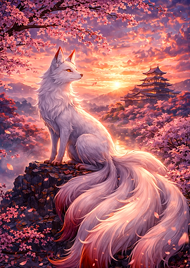Mythical Fox Spirit in Cherry Blossom Sunset