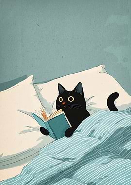 Black cat reading in bed