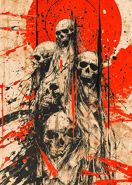 Stacked Skulls Red Splatter Art