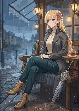 Anime girl in cafe on a rainy day