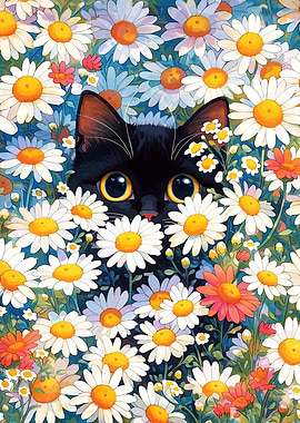 Black Cat Peeking Through Daisies