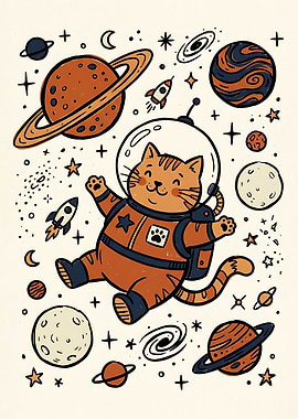 Fun Astronaut Cat Floating in Space poster