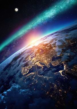 Earth from Space with Aurora and Moon