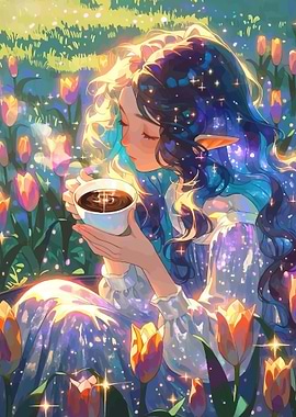 Fairy Enjoying Coffee in Tulip Field
