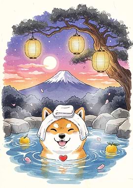 Shiba Inu enjoying an onsen with Mount Fuji