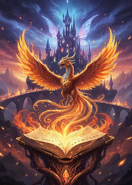 Phoenix Over Ancient Book and Castle
