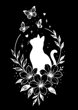 White Cat with Butterflies and Flowers