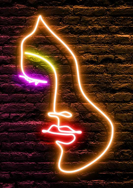 Beautiful Neon Woman Face on dark Brick Wall Background