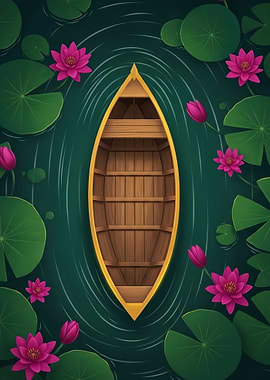 Empty Wooden Boat Surrounded by Water Lilies