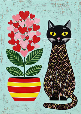 Black Cat with Heart Flower Pot