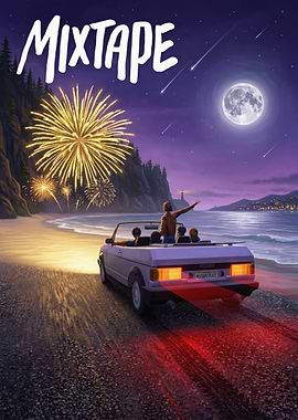Mixtape car on beach with fireworks
