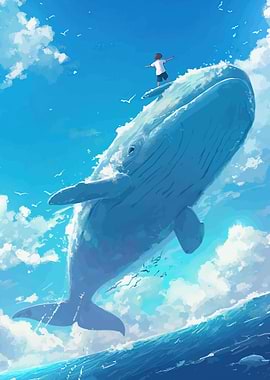 Boy Surfing on a Whale in the Sky