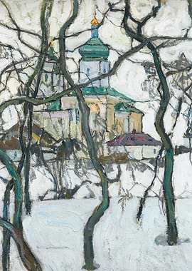 Winter Church Scene Through Bare Branches