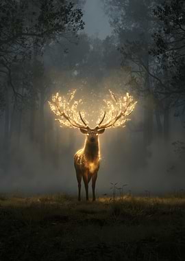 Glowing Stag in Misty Forest