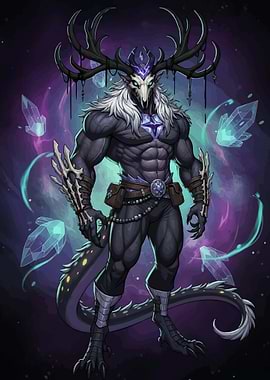 Dark Fantasy Antlered Creature with Crystals