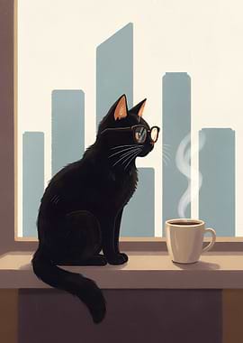 Black Cat with Glasses and Coffee