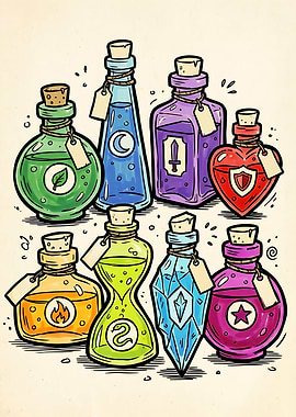 8 Fantasy Potions Print — Gamer Wall Art for RPG and DnD Lovers