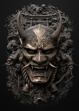 Japanese Oni Mask with Floral Surroundings