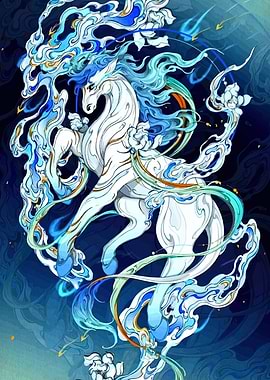 Mythical White Horse with Blue Swirls