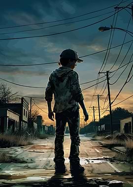 Boy Standing on a Post-Apocalyptic Street