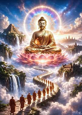 Golden Buddha on Lotus with Monks