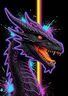 Neon Dragon Head with Splatter