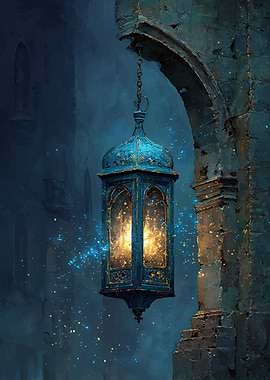 Enchanted Blue Lantern in Ancient Archway