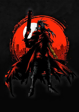 Anime Character with Gun and Cityscape