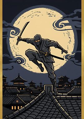 Ninja leaping over rooftops at night