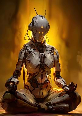 Meditating Robot in Golden Light