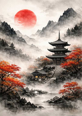 Misty Japanese Pagoda Landscape