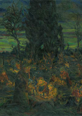 Children gathered around candles at night