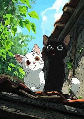 Two anime cats on a roof