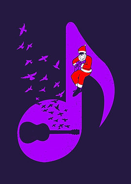 Santa Playing Guitar with Birds and Music Note