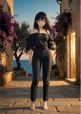 Anime Girl in Black Outfit by the Sea