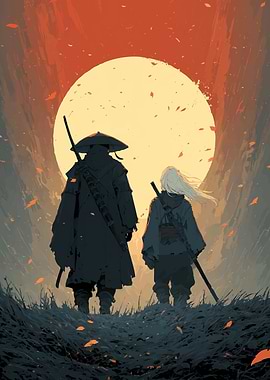 Samurai Duo Under a Giant Moon