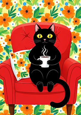 Black Cat with Coffee in Floral Armchair