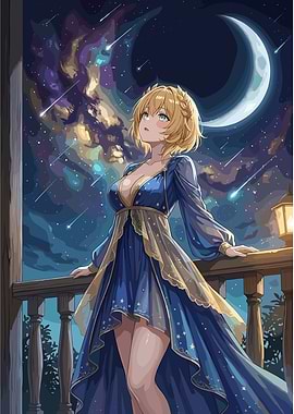 Anime Girl Gazing at Starry Night Sky