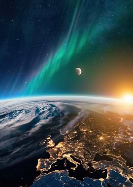 Earth from Space with Aurora and Moon