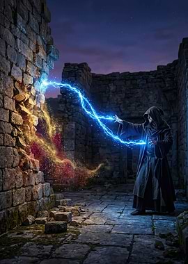 Wizard casting lightning spell in ruins