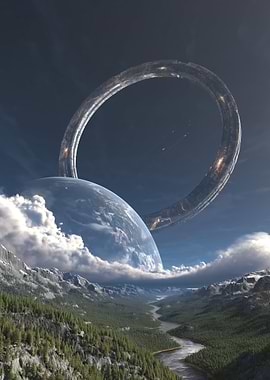 Sci-fi Ring World Over Earth Landscape